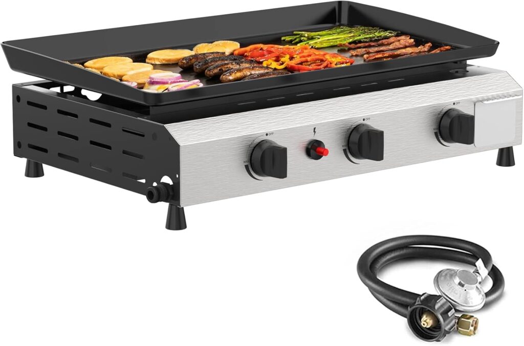 SKOK 3 Burner Gas Griddle- 23.3 Inch Outdoor Propane Griddle-30000 BTU Propane Fuelled, Portable Flat Top Gas Grill Camping Griddle Station for Kitchen, BBQ, Camping Tailgating