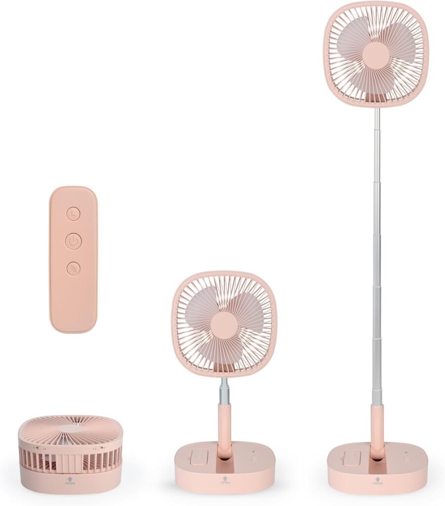 Portable Pedestal Fan – Foldaway Standing Fan Foldable Desk Fan, Use 7200Mah Rechargeable Battery, Remote Control Telescopic 4 Speed Quiet Timer Fan for Home Kitchen Outdoor Camping (Pink)