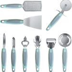 Stainless Steel Kitchen Gadget Set, 9 PCS Cooking Gadgets Tools Set with Soft Touch Handles, Pizza Cutter, Peeler, Cheese Grater, Bottle Opener, Egg Separator, Grill Spatula, Holding Clamp