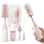 Momcozy Bottle Brush Kit, Innovative Push-Press Design for Better Cleaning – Baby Bottle Cleaner Brush for Baby Bottle, Breast Pumps, Nipples, and More – Can Generate Foam for Better Cleaning, Pink