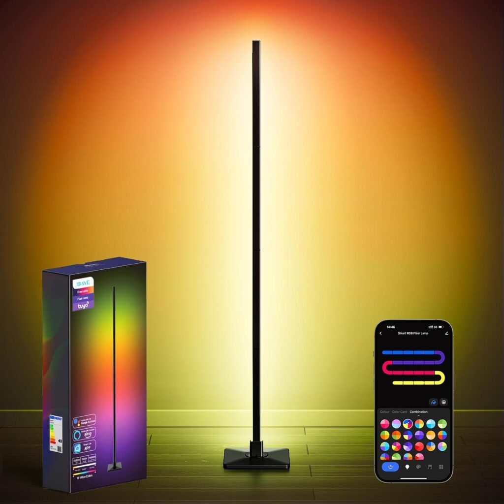 Floor Lamp,RGBICW Led Lamp Compatible with Alexa and Google Assistant,60 Inch 4 Segment Detachable Corner Light with Square Base for Living Room and Bedroom Ambient Lighting