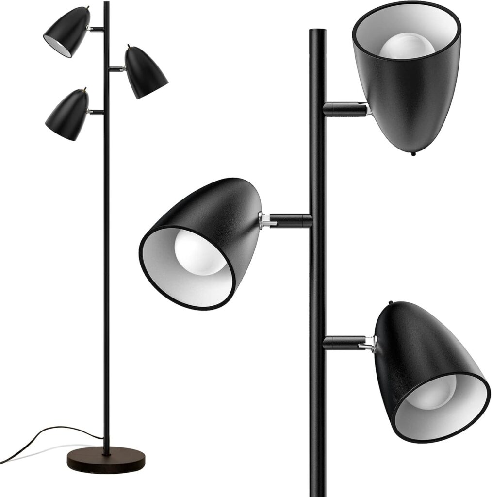 addlon Tree Floor Lamp with 3 Adjustable Rotating Lights and Matching LED Bulbs, Standing Tall Pole Lamps for Living Room, Bedroom, Home, Office – Black