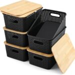AREYZIN Storage Bins with Bamboo Lids Set of 6 Lidded Storage Container Plastic Baskets Organizer Bins for Organizing Kithen Room Bedroom Office Closet, Sturdy(Black)