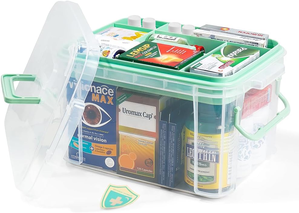 15qt Clear Medicine Organizer Storage Box with Tray, Plastic First Aid Box Empty, Thickened Medicine Container Chest, Multipurpose Medical Case with Labels, Medicine Caddy with Lids Handles