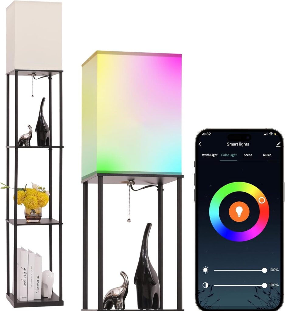 Floor Lamp with Shelves, with Modern Square Standing Lamp with Smart APP Control RGB Bulb, Corner Display Bookshelf Lamp for Living Room, Bedroom and Office (black-9RGB)