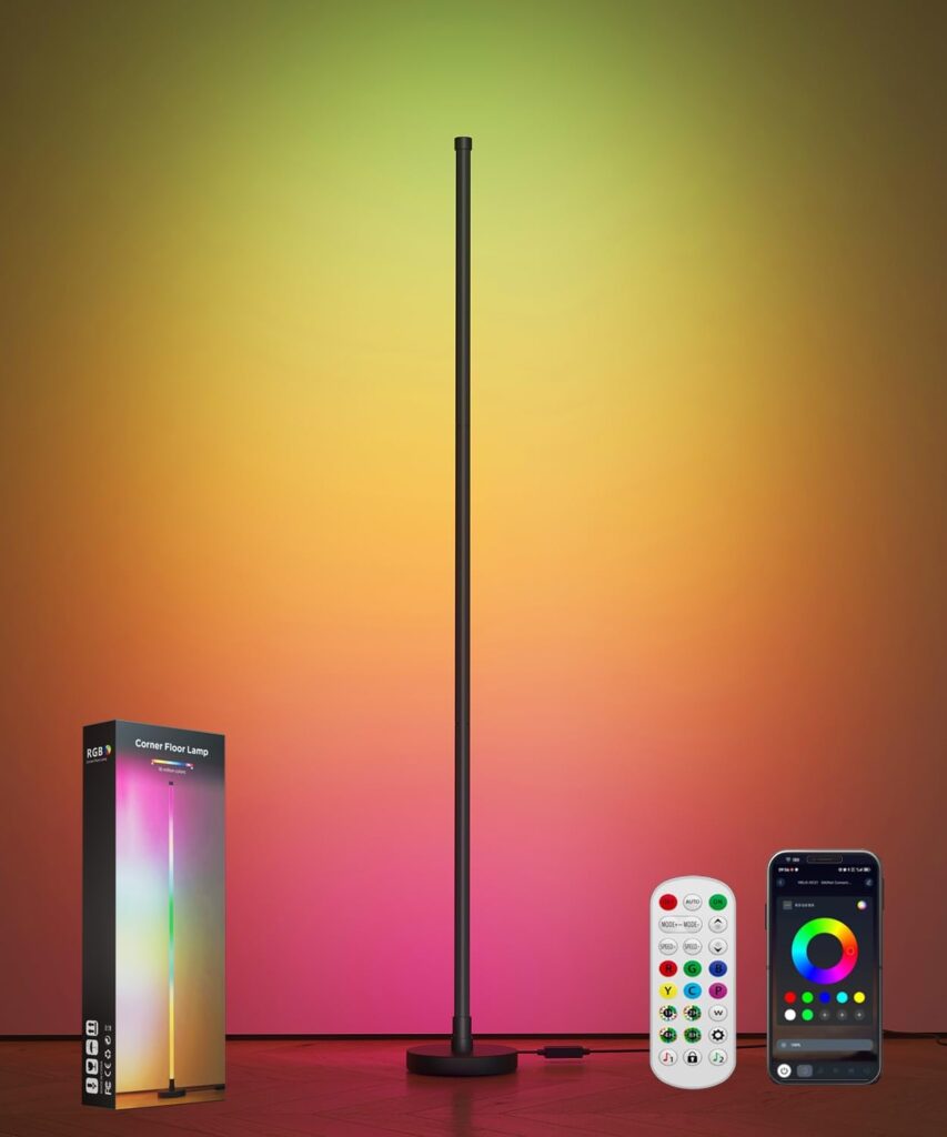 Corner Floor Lamp, Smart RGB LED Corner Lamp with Music Sync and 16 Million DIY Colors, App & Remote Control, Color Changing Standing Lamp for Bedroom, Living Room and Gaming Room