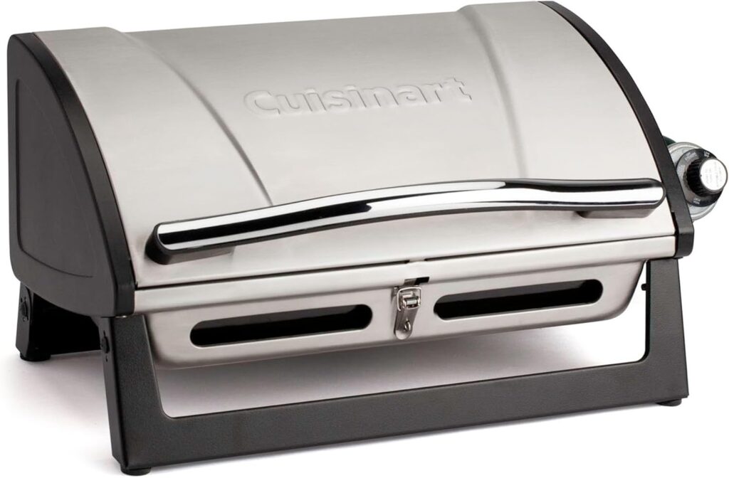 Cuisinart Grillster Portable Gas Grill, Stainless Steel Compact BBQ Grill with Locking Lid for Easy Transport, 8000 BTU Propane Grill with Dishwasher Safe Cooking Grate, Small Grill for Camping & BBQ