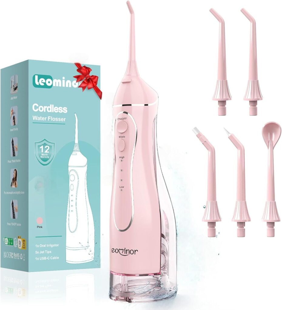 Leominor Water Flosser Pick for Teeth, 300ML Portable Oral Irrigator Upgraded Tank Removable,IPX7 Waterproof, Rechargeable Travel Teeth Cleaner, Professional Electric Flossing Machine (Pink)