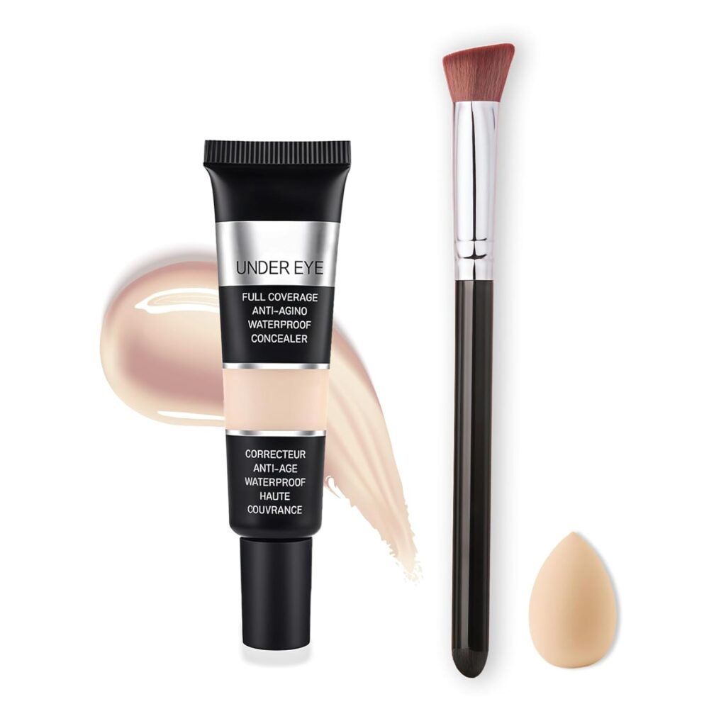 Under Eye Concealer & Brightener for Dark Circles – Full Coverage Concealer Waterproof for Mature Skin with Anti-Aging Matte Finish – Includes Foundation Brush and Mini Beauty Blender(14.0 Light W)
