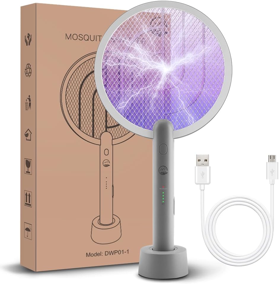 Electric Fly Swatter Racket, Mosiller 2 in 1 Smart Bug Zapper with USB Rechargeable Base, Powerful Mosquitoes Trap Lamp & Fly Killer with 3-Layer Safety Mesh for Home, Bedroom, Kitchen, Patio(1 Pack)