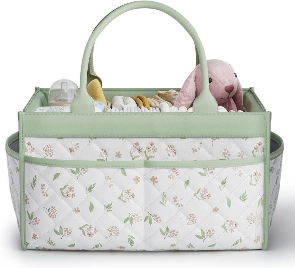Baby Diaper Caddy Organizer – Stylish Storage Basket for Newborn Essentials, Nursery & Diaper Station, Registry Must-Have, Sage Green Botanical