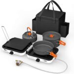 Hisencn Portable Camping Stove, 2 Burner Foldable Camp Stove, 20000 BTU Folding Gas Stove, Portable Propane Stove with Carry Bag, Adjustable Burners & Piezo Ignition, Includes Frying Pan, Kettle, Pot