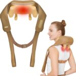 Neck Massager for Pain Relief Deep Tissue with Heat -Cordless Shiatsu 6D Kneading Massage for Neck,Shoulder,Gifts for Mom/Dad（PU-Yellow Brown）