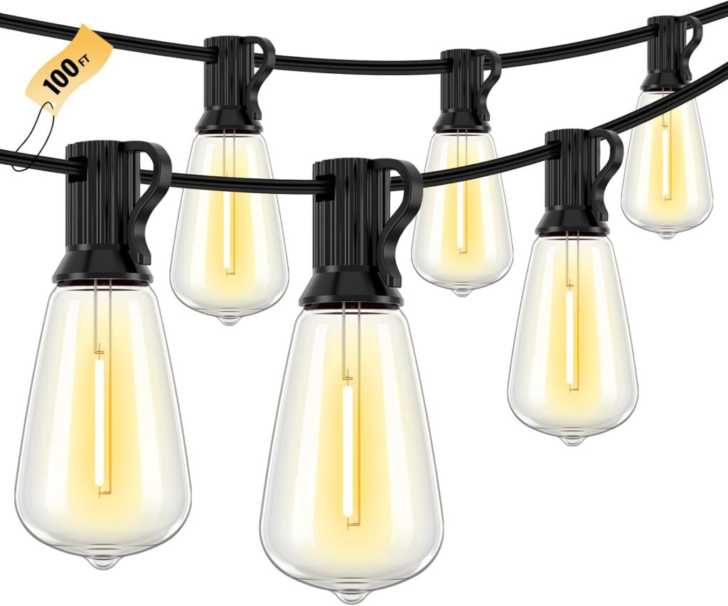Doukegde 100FT LED Outdoor String Lights, 2700K LED Patio Lights Outdoor Waterproof with 50+2 Shatterproof Vintage Bulbs, Plug in Hanging Light for Porch, Backyard, Garden, Gazebo [Non-Solar]