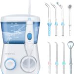 TUREWELL Water Flossing Oral Irrigator, 600ML Dental Cleaner 10 Adjustable Pressure, Electric Oral Flosser for Teeth/Braces, 8 Replacement Jet Tips for Family (White)