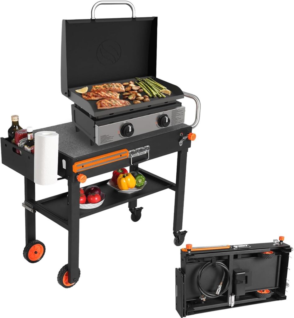 Grill Table Stand Cart for Blackstone Griddle – Universal Foldable Design Fits 17-22 Inch Grills and 12″ Pizza Ovens, 20s Setup, 4 Wheels, Magnetic Strip etc (Camping, Backyard Cooking Accessories)
