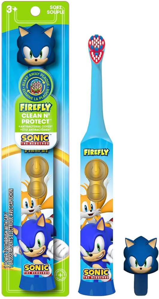 FIREFLY Clean N’ Protect, Sonic The Hedgehog Toothbrush with 3D hygienic Cover, Premium Soft Bristles, Anti-Slip Grip Handle, Battery Included, Ages 3+, 3 Piece Set (Pack of 1)