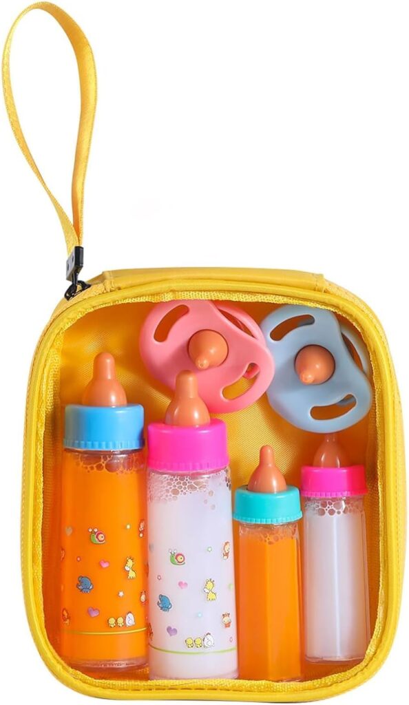 Baby Doll Bottle Accessories – 6 Pcs Feeding Bottle Toys, Magic Disappearing Milk & Juice, Pretend Play Set with Pacifiers Kids Gift Yellow