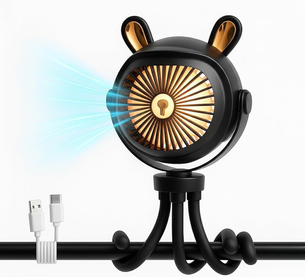 Stroller Fan for Baby with LED Light – Portable Clip-On Fan with Flexible Tripod Legs, USB Rechargeable, 3 Speeds, 120 Minutes Battery Life, Quiet Cooling for Travel, Nursery & Car Seat