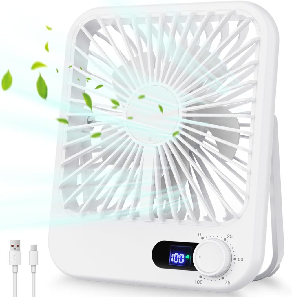 Travel Fan for Sleeping, 6.8″ Small Portable Fan Rechargeable Battery Powered, 100 Speeds Personal Mini Desk Fan for Office Bedroom, Cruise Ship Beach Vocation Travel Essentials, White