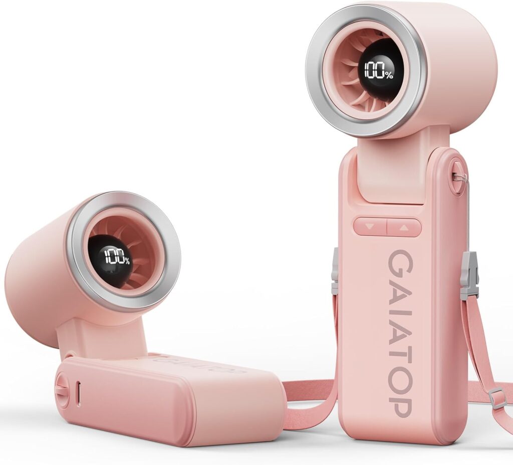 Gaiatop Portable Handheld Mini Fan, 21 Working Hours 6 Speeds, Rechargeable Battery Operated, 180° Foldable with LED Display, Small Desk Personal Fan for Women Gifts Travel, Working- Pink