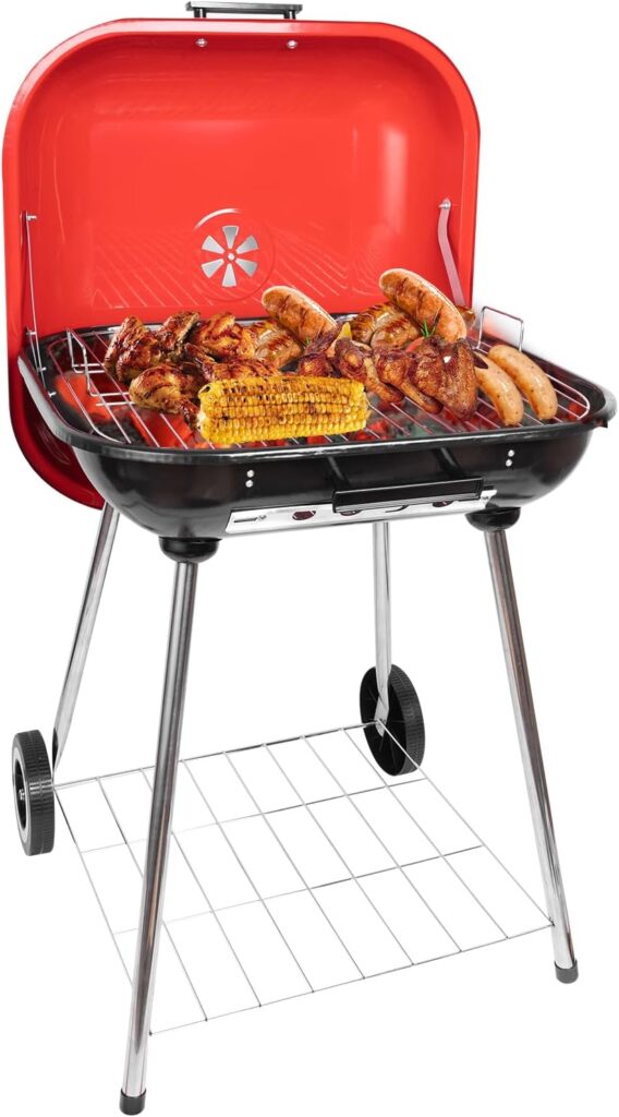 22inch Portable Charcoal Grill, Red Charcoal Grill with portable wheel and handle, suitable for cooking, camping and picnic(red)