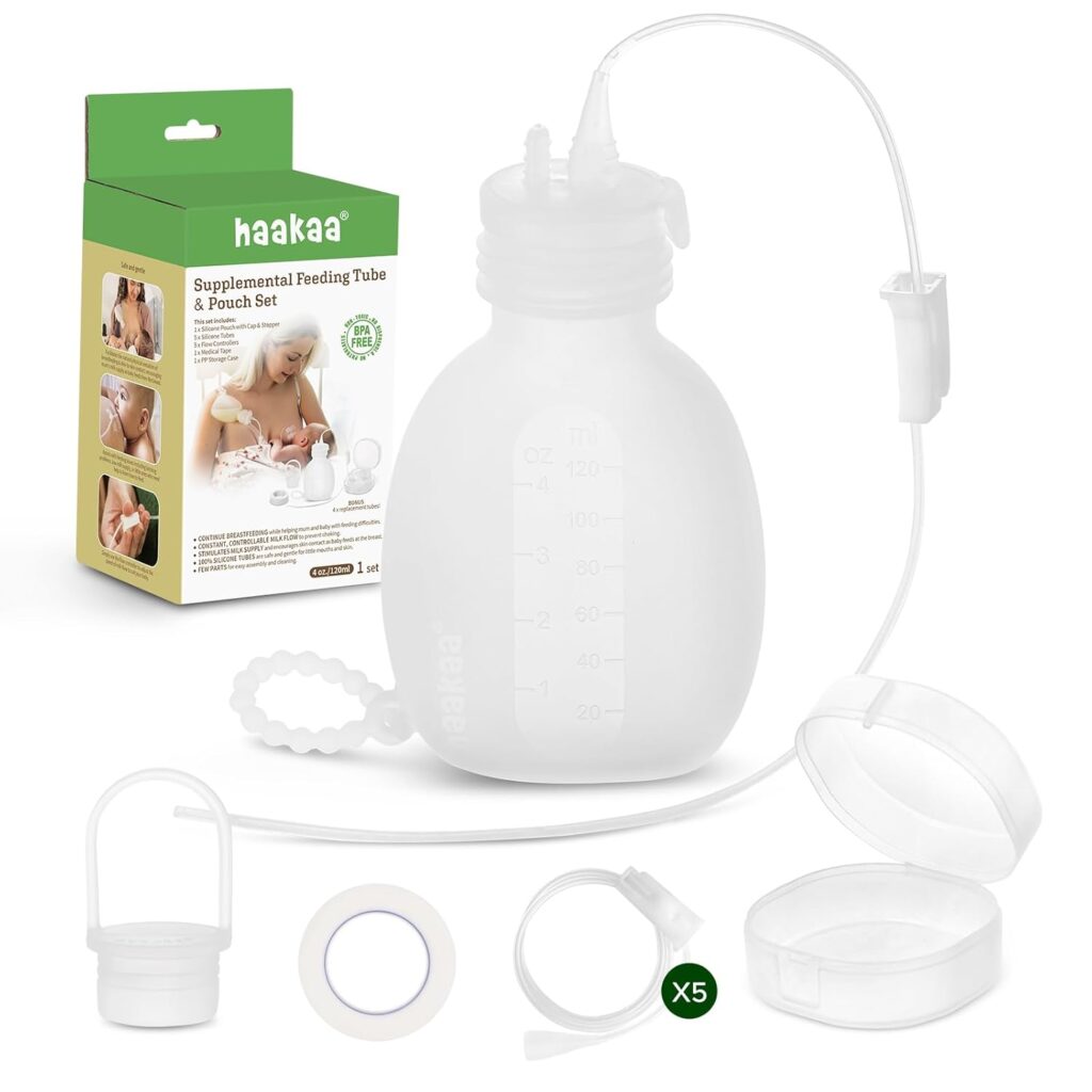 Haakaa Silicone Supplemental Feeding Tube & Pouch Set – Breastfeeding Assistance Kit for Low Supply, Latching Support, Donor or Pumped Milk – 120ml Pouch + Adjustable Flow Tube