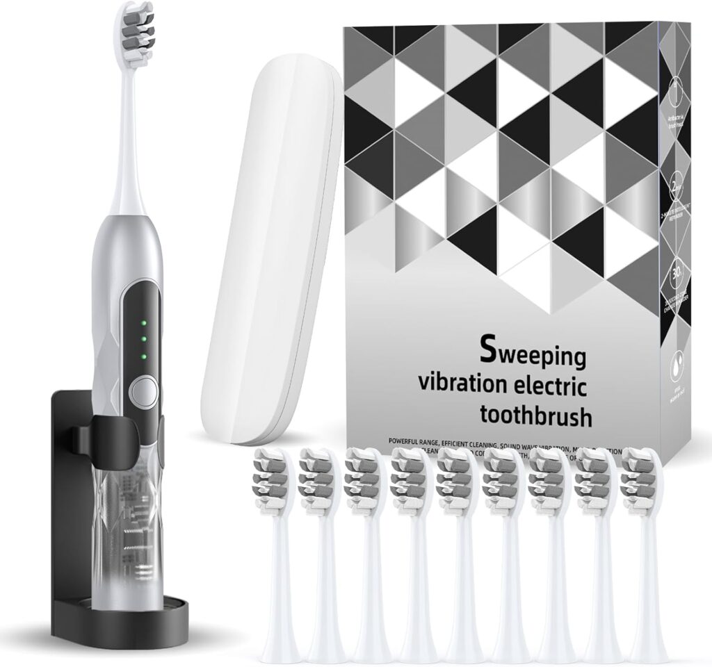 Oscillation&Vibration Sonic Electric Toothbrush for Adults with 10 Brush Heads for Travel & Teeth Care, 48000VPM Motor 5 Cleaning Modes 2 Min Timer (Silver)