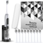 Oscillation&Vibration Sonic Electric Toothbrush for Adults with 10 Brush Heads for Travel & Teeth Care, 48000VPM Motor 5 Cleaning Modes 2 Min Timer (Silver)