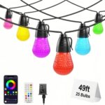 Outdoor String Lights 49FT，String Lights for Outside ，Outdoor Lights for Patio with 25 RGBW LED Bulbs，Patio Lights IP66 Waterproof Shatterproof, App Control & Remote,Color Change for Backyard Decor