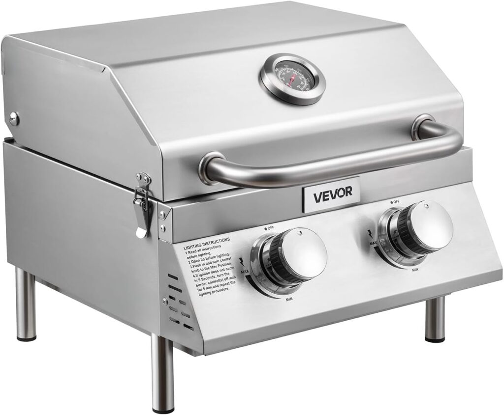 VEVOR Tabletop Gas Grill, 2-Burner Stainless Steel Portable Propane Grill, with Built-in Thermometer, Travel Locks, Weatherproof Lid, 15,000 BTU Total, for Outdoor Cooking, Patio, Party, Camping, RV
