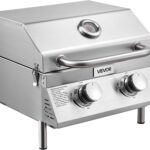 VEVOR Tabletop Gas Grill, 2-Burner Stainless Steel Portable Propane Grill, with Built-in Thermometer, Travel Locks, Weatherproof Lid, 15,000 BTU Total, for Outdoor Cooking, Patio, Party, Camping, RV