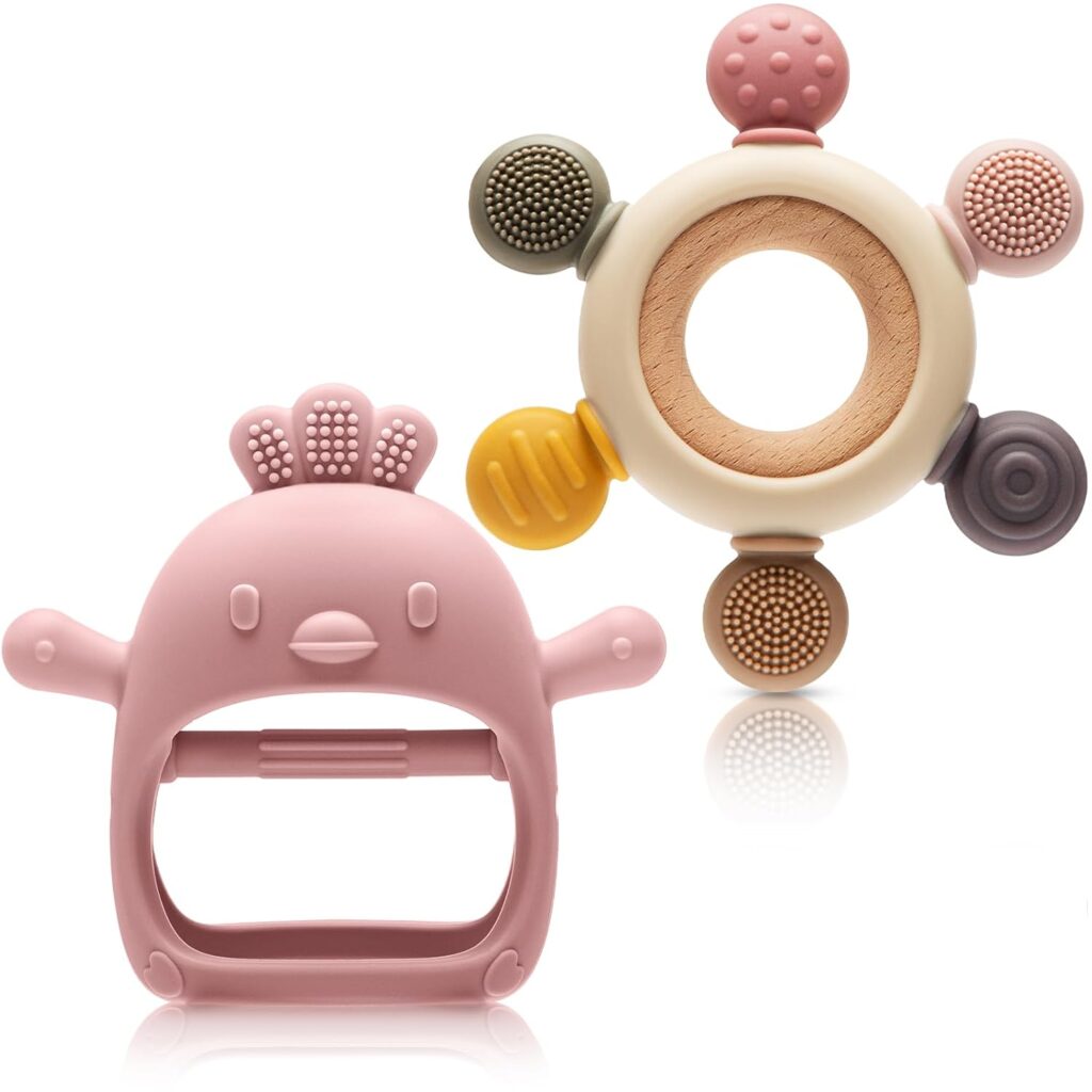 2 Packs Baby Teething Toy for 0-6 6-12 Months, Food Grade Silicone Teething Mitten and Silicone Rudder with Wooden Ring, BPA-Free, Baby Chew Toys for Sucking Needs