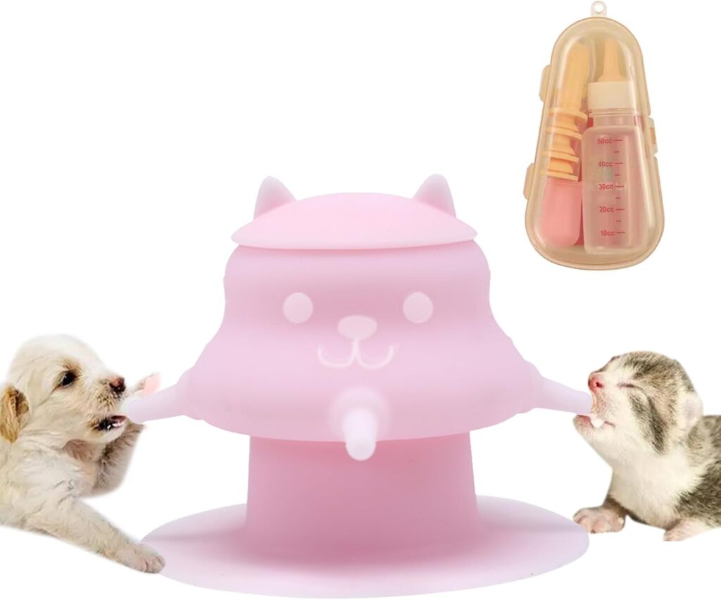 230ML Puppy Bottles for Nursing Puppy Milk – Premium Silicone Nursing Station with 4 Nipples – Dog Feeder for Multiple Newborn Puppies, Rabbits, Kittens Bottle Feeding Kit (Pink)