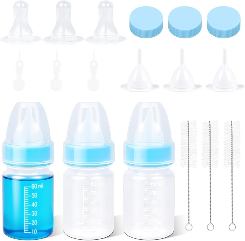 ASEVAT Pet Feeding Bottle, Anti-Choking Puppy Feeder Design,with 3pcs Replaceable and Reusable Silicone Nipples for Feeding Puppies, Kittens, Small Animals (Blue, 2 oz)