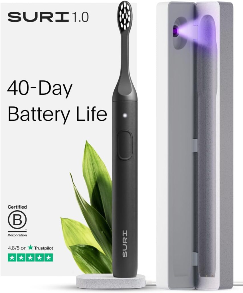 SURI 1.0 Sonic Electric Toothbrush with UV Cleaning Travel Case | 40+Day Battery | Designed in California | Electric Toothbrush for Adults | Travel Toothbrushes | Tooth Brush | Black