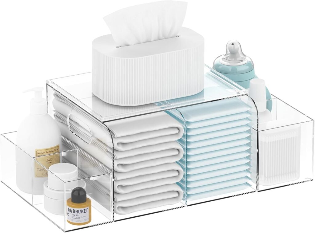 Acrylic Diaper Caddy Acrylic, Clear Detachable Diaper Stacker Holder Storage, Baby Changing Table Organizer for Baby Diapers, Wipes & Baby Accessories, Ideal for Changing Table with Spacious Capacity