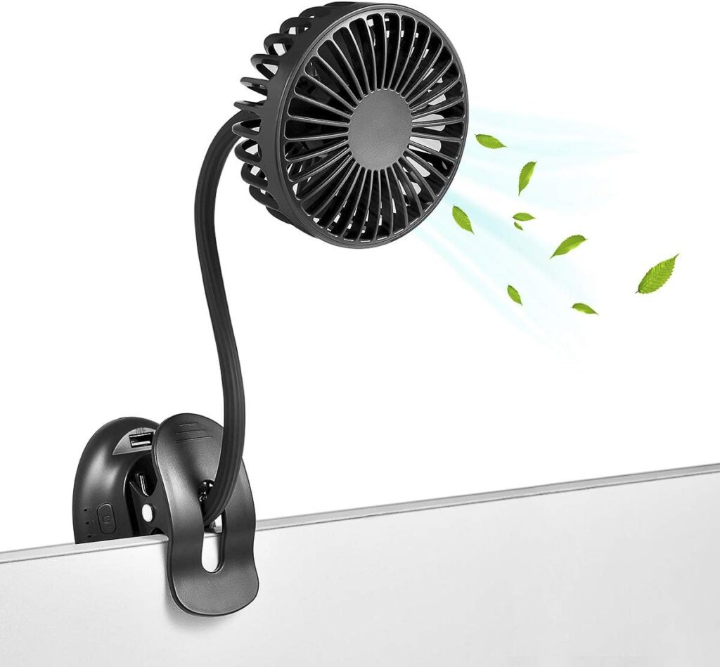 Clip On USB Mini Desk Fan with Emergency Power Bank, Battery Operated Rechargeable Portable Fan – Flexible Neck, 3 Speed Personal Cooling for Baby Stroller, Car, Camping, Office, Dorm, Beach – Black