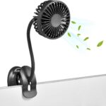 Clip On USB Mini Desk Fan with Emergency Power Bank, Battery Operated Rechargeable Portable Fan – Flexible Neck, 3 Speed Personal Cooling for Baby Stroller, Car, Camping, Office, Dorm, Beach – Black