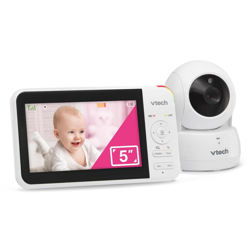 VTech VM924 Remote Pan-Tilt-Zoom Video Baby Monitor, 5″ LCD Screen, Up to 17 Hrs Video Streaming, Night Vision, Up to 1000ft Range, Soothing Sounds, 2-Way Talk, Temperature Sensor,Secured Transmission