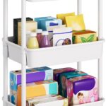 3 Tier Plastic Rolling Cart with Wheels, White Three Tiered Craft Cart Organizer on Lockable Wheels, Utility Roller Storage Carts for Art, Baby Diaper Caddy, Snack, Nail, Makeup, Book, Nursery