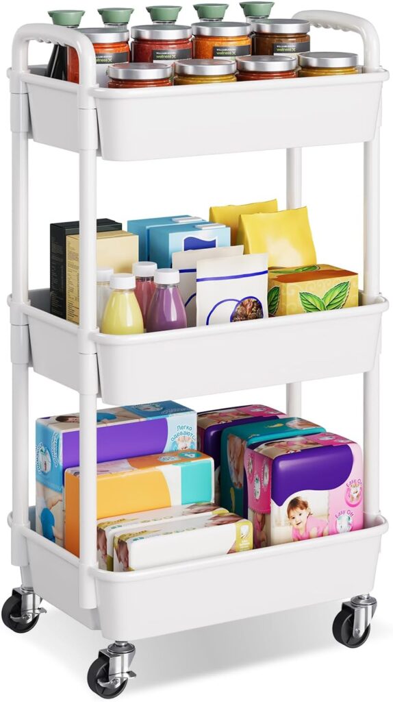 3 Tier Plastic Rolling Cart with Wheels, White Three Tiered Craft Cart Organizer on Lockable Wheels, Utility Roller Storage Carts for Art, Baby Diaper Caddy, Snack, Nail, Makeup, Book, Nursery