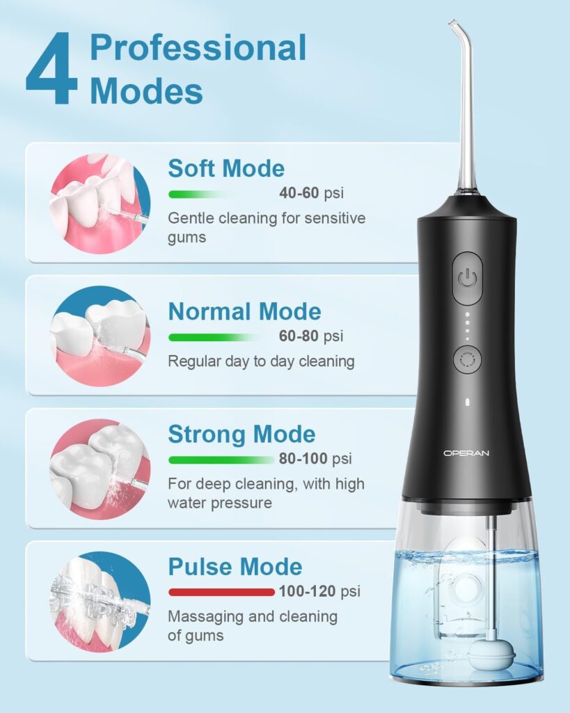 Operan Water Flosser for Teeth Cleaning Upgraded 300ml Cordless Water Dental Flossers Rechargeable Oral Irrigator with 4 Modes 4 Jet Tips IPX7 Waterproof Water Floss for Home Travel (Black)+1Pack