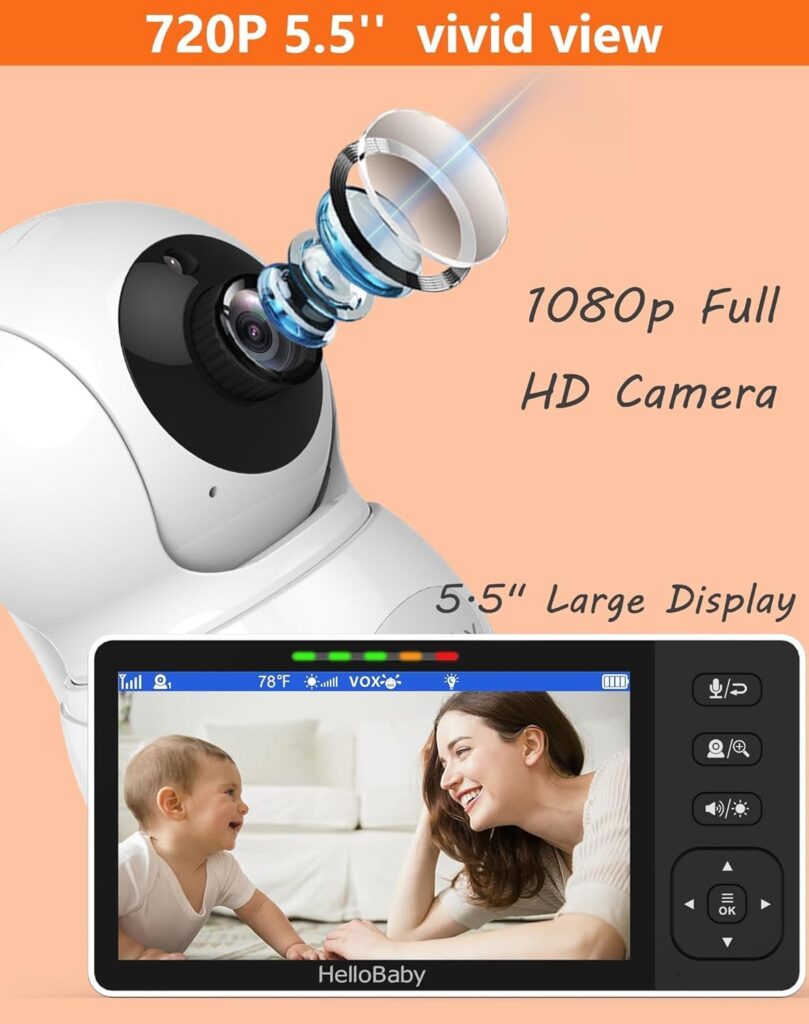 HelloBaby 720P 5.5” HD Baby Monitor with Camera and Audio No WiFi, Video Baby Monitor, Remote Pan Tilt Zoom Wide View Range, 1080P Infant Camera, Night Light, Hack Proof, 4000mAh Battery, 1000ft