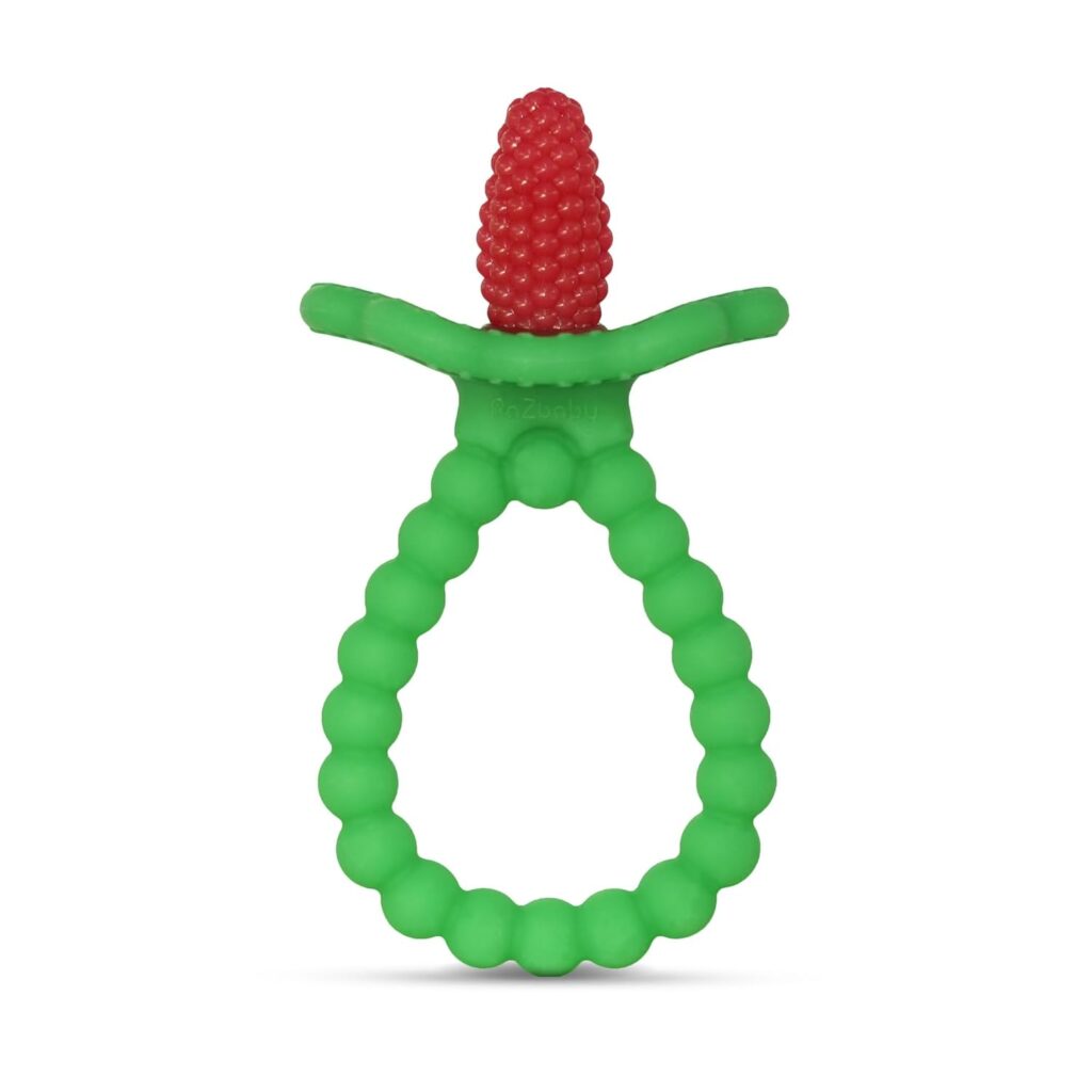 RaZbaby RaZberry Plus Baby Teether – Easy-to-Hold Toy for Front & Back Teething Relief, BerryBumps Texture for Sensory Development, Soothes Sore Gums, BPA-Free, Great Gift for Babies 3M+ – Red
