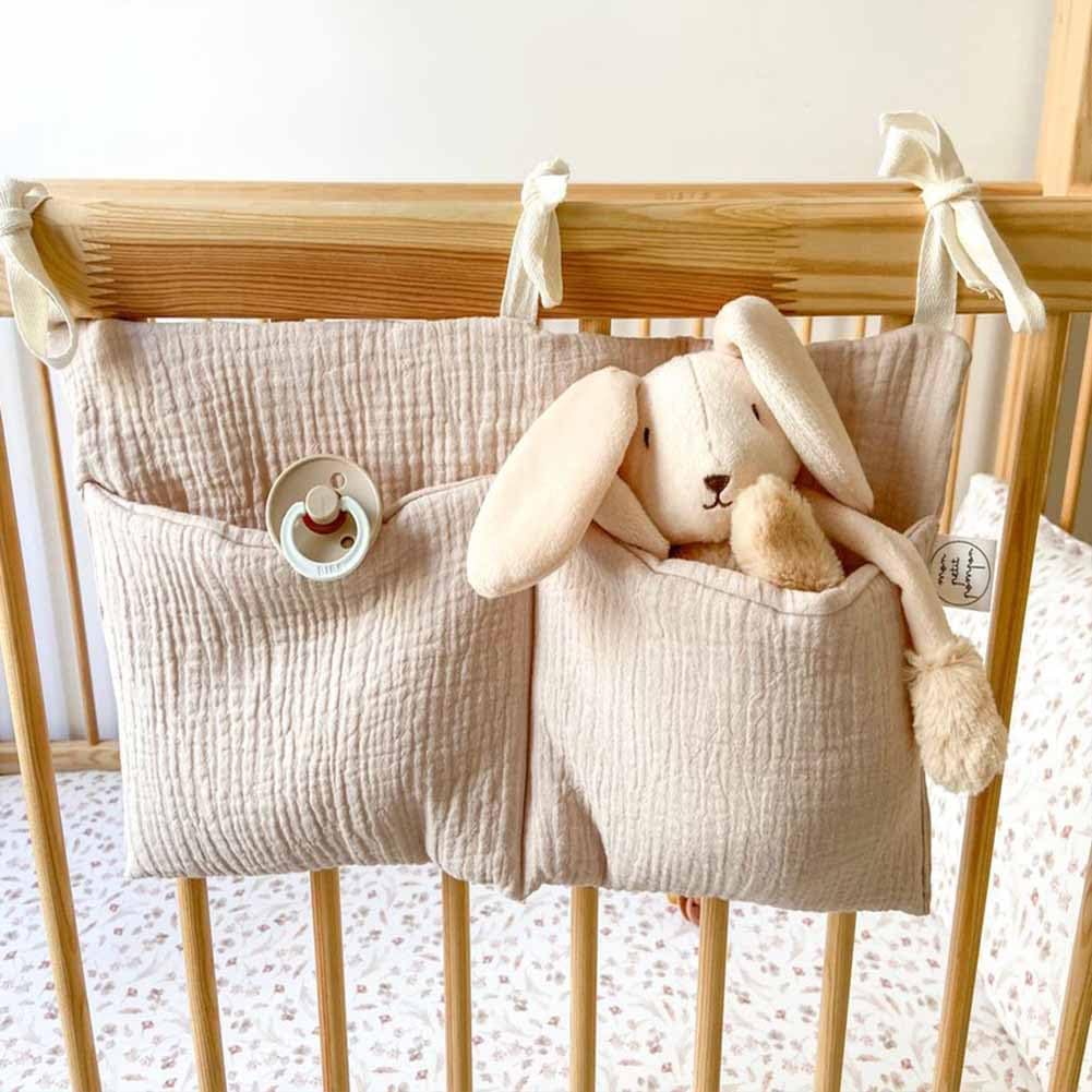 Cotton Baby Bedside Hanging Storage Bag,2 Pockets Organizer for Baby Cribs and Toys (Oatmeal)