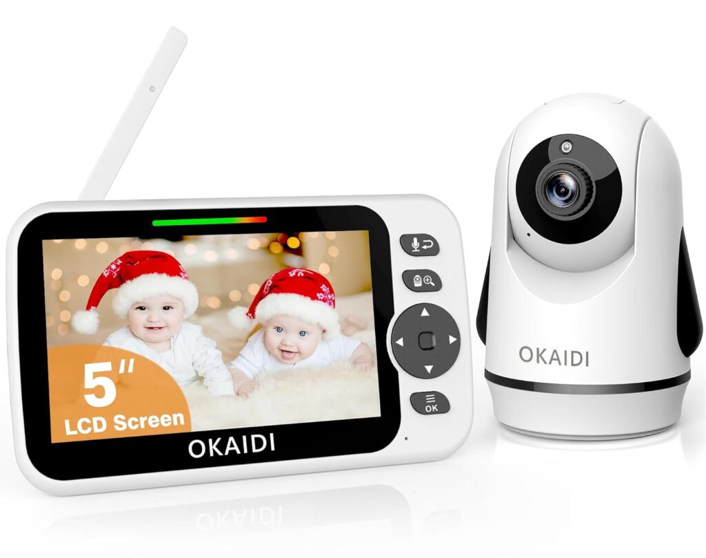 OKAIDI Video Baby Monitor with Camera and Audio, 5″ Display Baby Monitor No WiFi, 30H Battery and 1000ft Range, Remote Pan-Tilt-Zoom Baby Camera, Night Vision, 2-Way Talk, ECO, Temperature, Lullaby