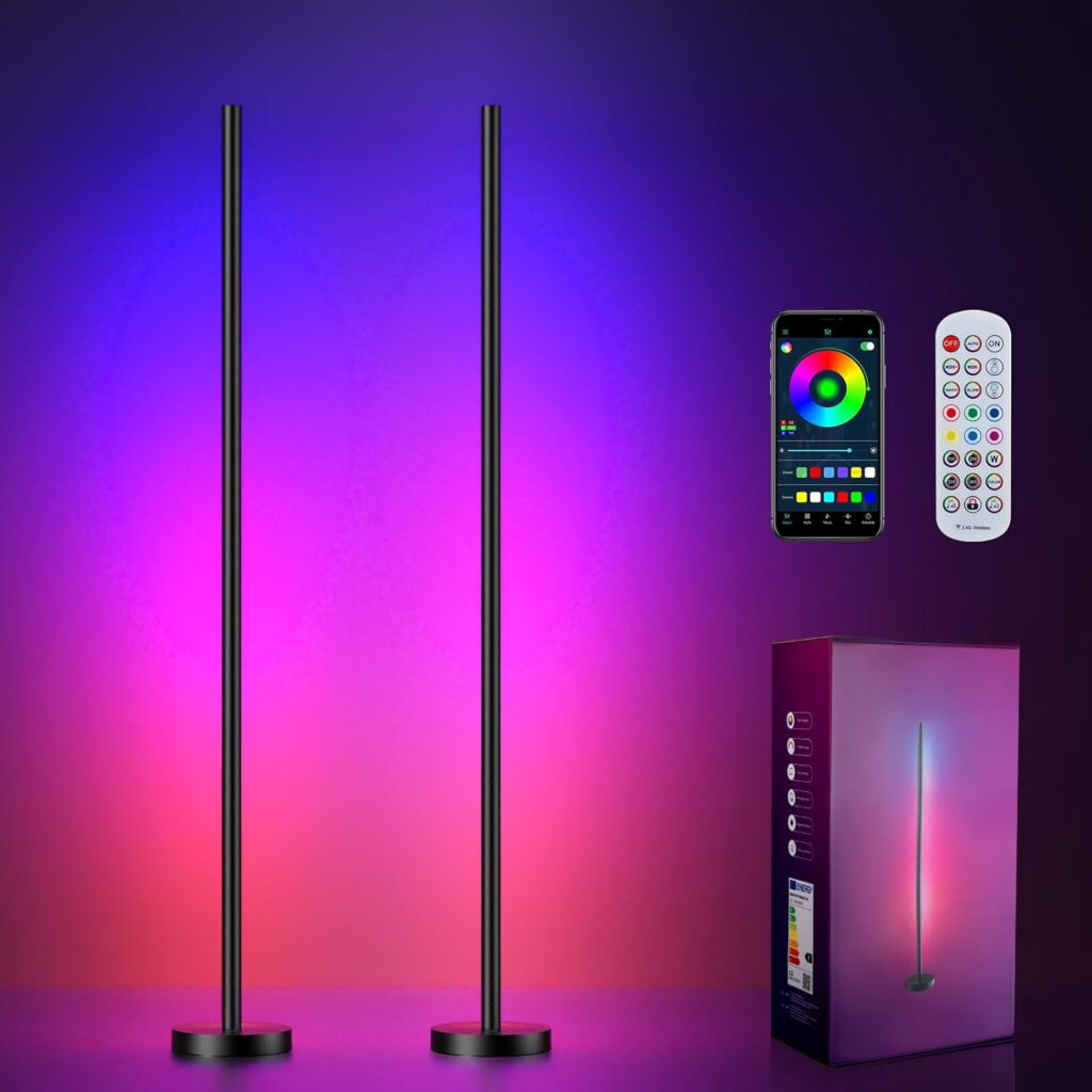 Corner Floor Lamp, 2 Pack LED Corner Lamp with App and Remote Control, RGBICW 16 Million DIY Colors & 68+ Scene, Music Sync, Color Changing Smart Ambient Light for Living Rooms, Bedrooms, Gaming Room