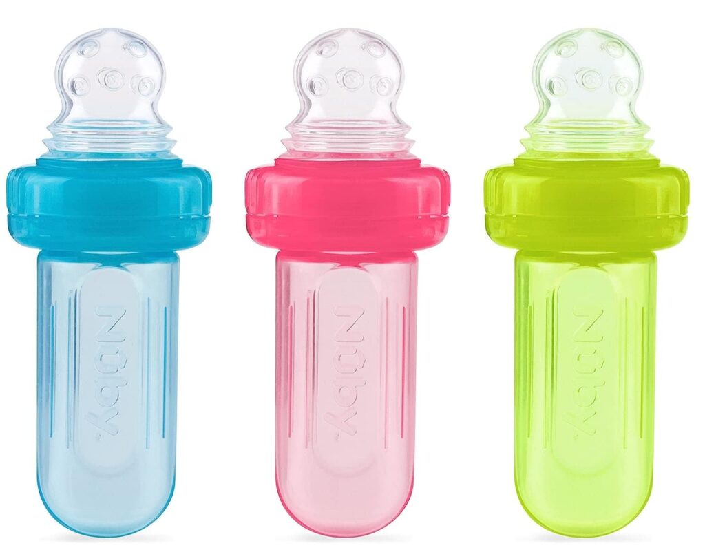 Nuby EZ Squee-Z Silicone Self Feeding Baby Food Dispenser, 1 Count (Pack of 1) – Aqua/Pink/Green, Colors May Vary