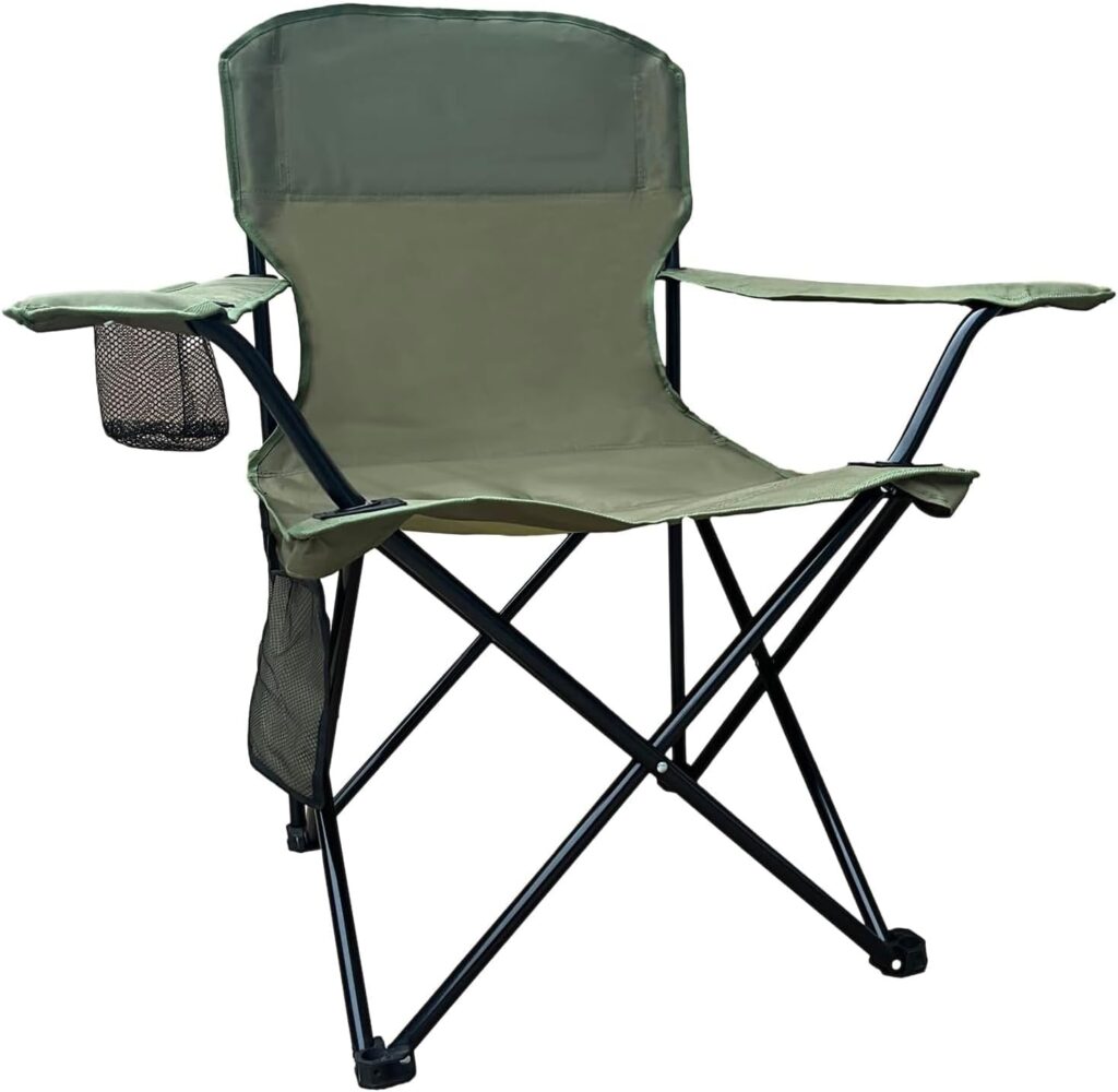 Folding Camping Chair with Cup Holder & Storage Bag, 225lbs Capacity, Large Anti-Sink Feet, Breathable PE Coated Fabric for Outdoor, Hiking, Beach, Fishing, Backpacking, Green